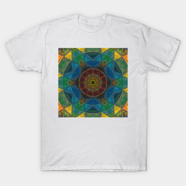 Mosaic Kaleidoscope Flower Blue Yellow and Green T-Shirt by WormholeOrbital